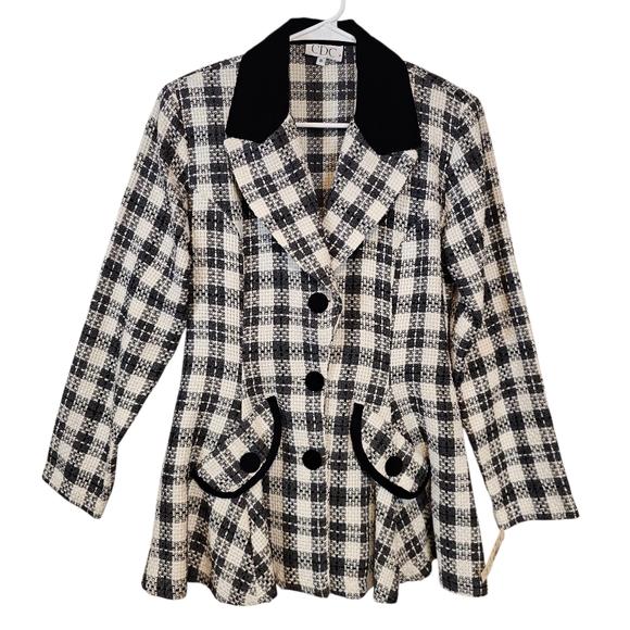 Vintage Tweed Knit Plaid Velvet Checkered Button Down Peplum Blazor Skirt Set - Picture 2 of 16